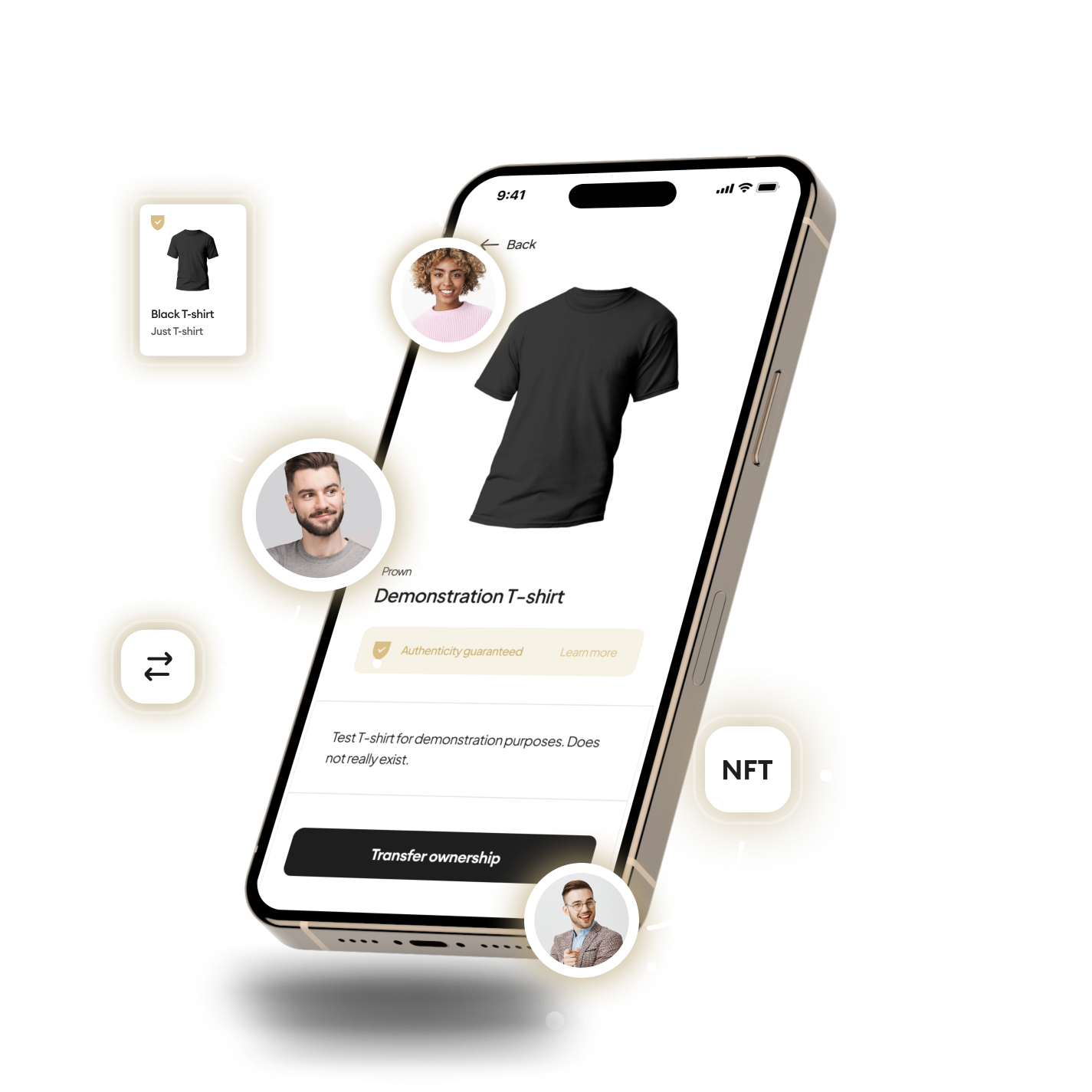 A smartphone displaying a "Demonstration T-shirt" page with floating icons and user portraits around it.