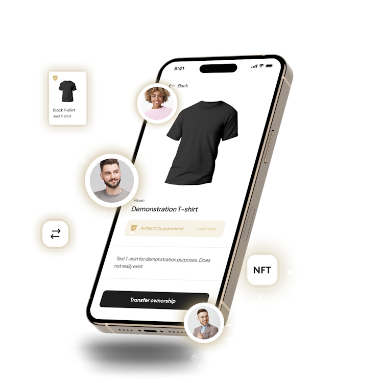 A smartphone displaying a "Demonstration T-shirt" page with floating icons and user portraits around it.