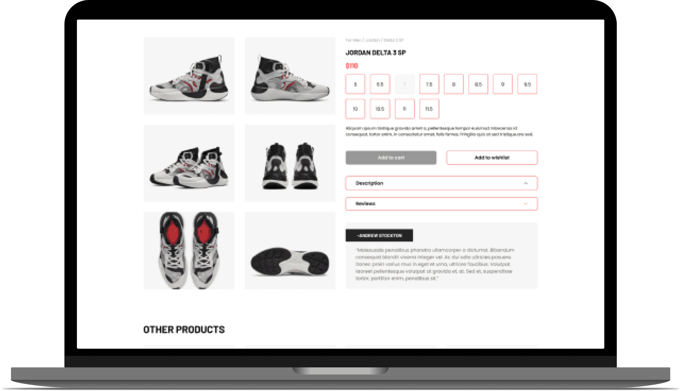 A laptop screen displaying an e-commerce product page for "Jordan Delta 3 SP" sneakers. The page includes multiple images of the sneakers from different angles, size options, price, and buttons for adding to cart or wishlist. There is also a description and reviews section below the product details.