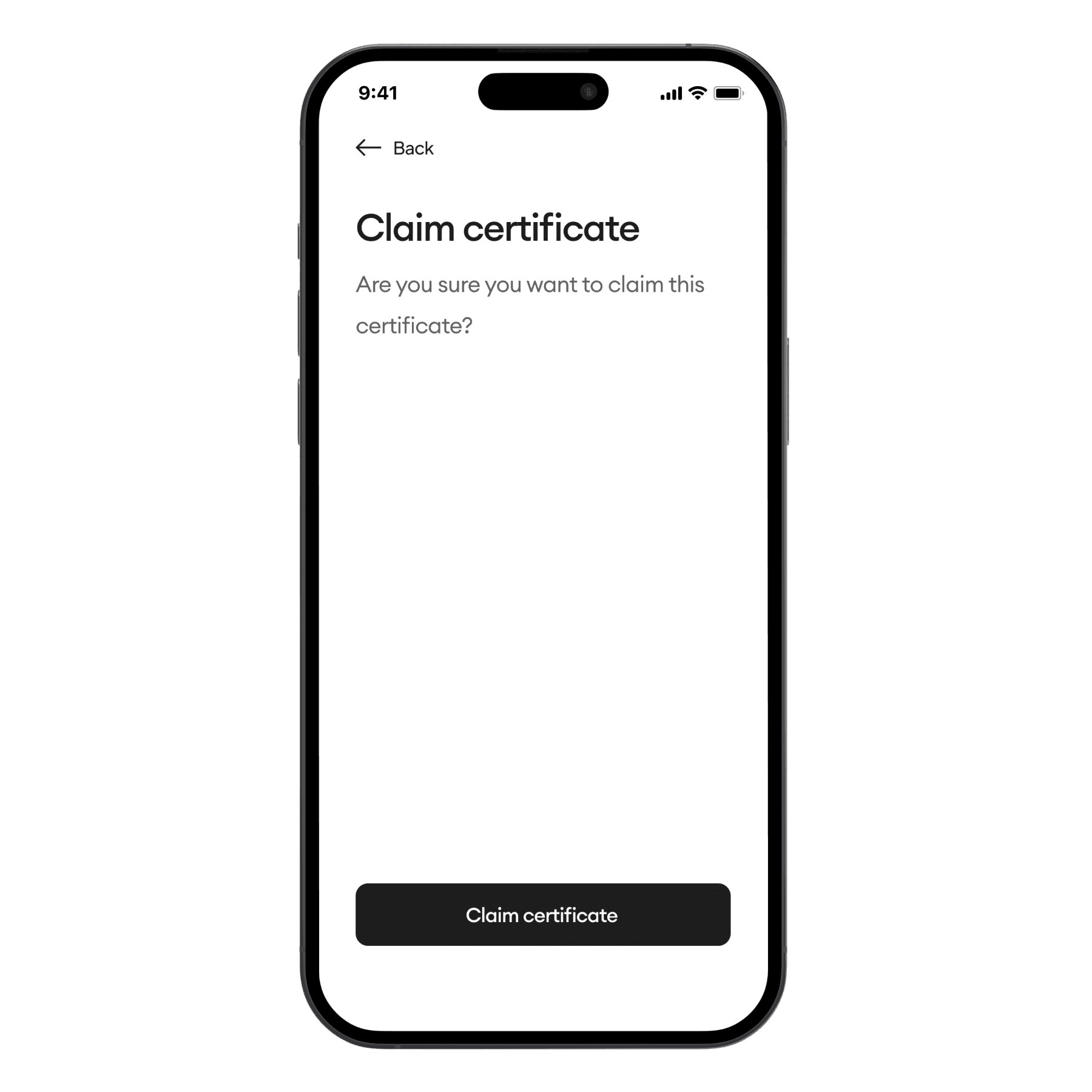 A smartphone screen displaying a confirmation page for claiming a certificate. The page asks "Are you sure you want to claim this certificate?" and has a button labeled "Claim certificate."