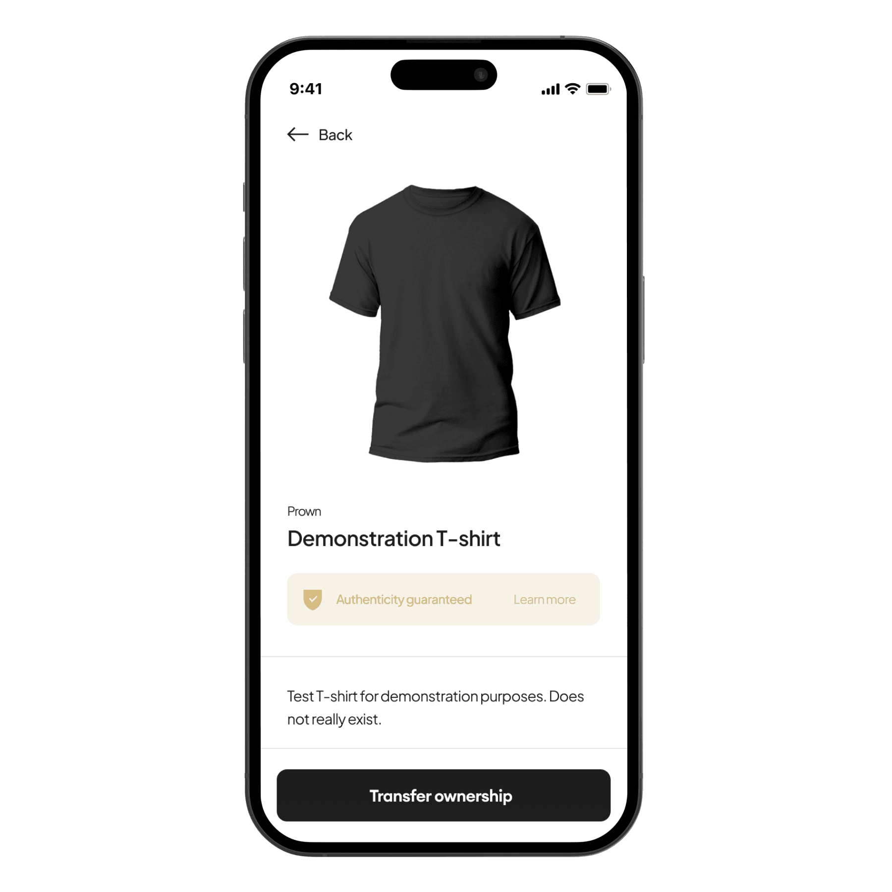 A smartphone screen showing a product detail page for a "Demonstration T-shirt." The page includes an image of the T-shirt, a description mentioning it is for demonstration purposes and does not really exist, and a button labeled "Transfer ownership."