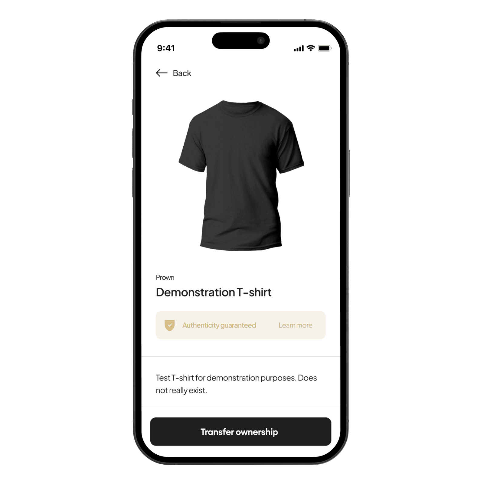 A smartphone screen displaying the same product detail page for a "Demonstration T-shirt" as the previous image, with the button "Transfer ownership" at the bottom.